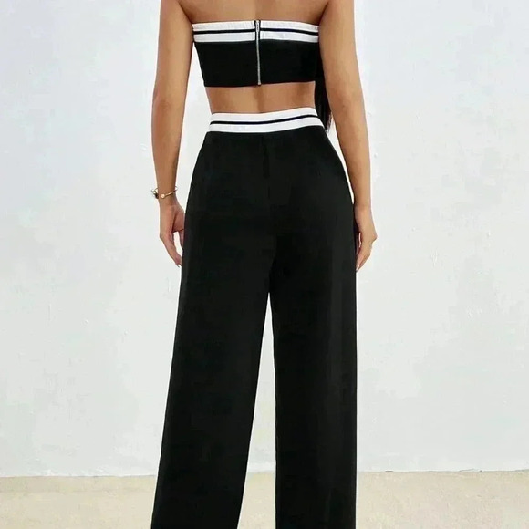 Black Casual Womens Color Block Strapless Top And Straight Leg Pants Set - Picture 3 of 5